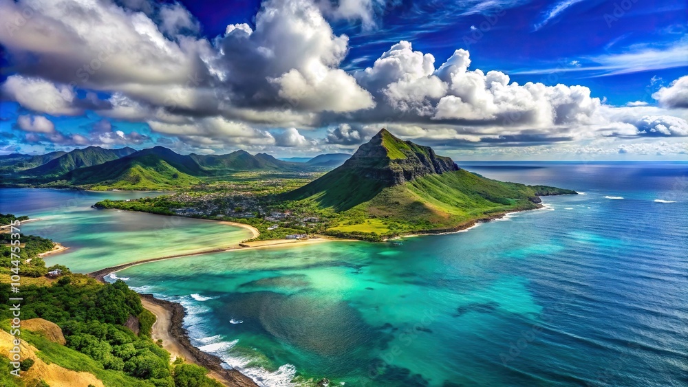 Fototapeta premium Tropical island with ocean, mountain, sky, and clouds