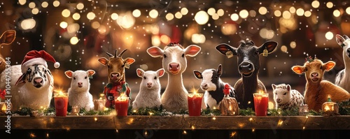 A Christmas-themed bar scene with farm animals, portrayed in a blurry festive setting.
