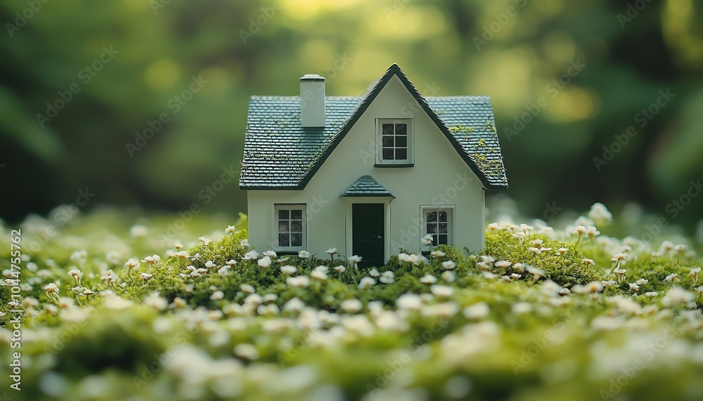 A small white house model sitting on lush green grass, representing home A small white house model sitting on lush green grass, representing home