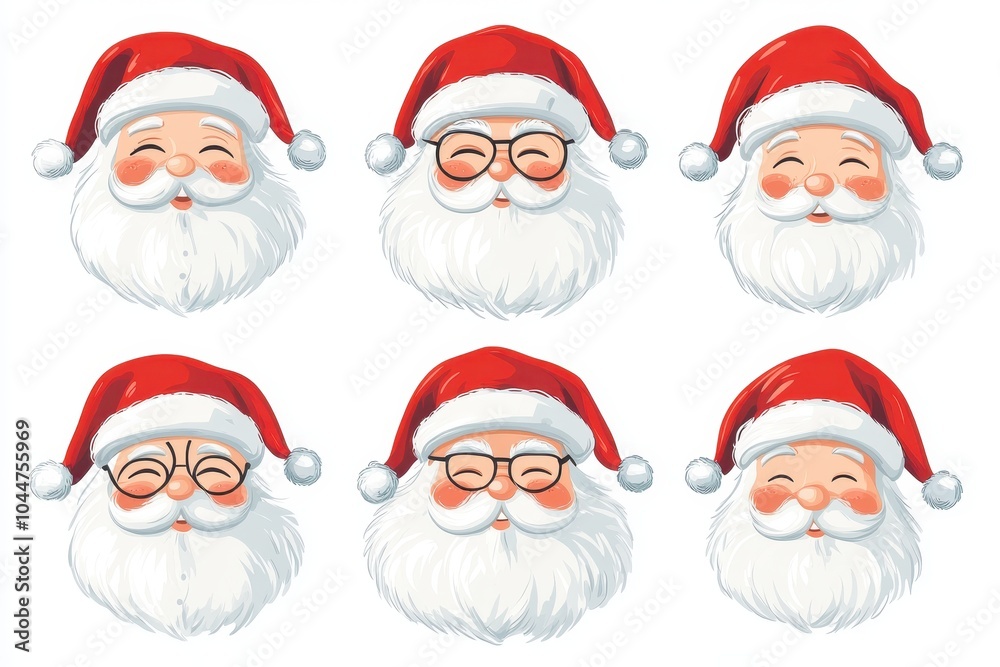 Various cheerful Santa Claus faces with different expressions and traditional attire for holiday celebrations Various cheerful Santa Claus faces with different expressions and traditional attire for holiday celebrations