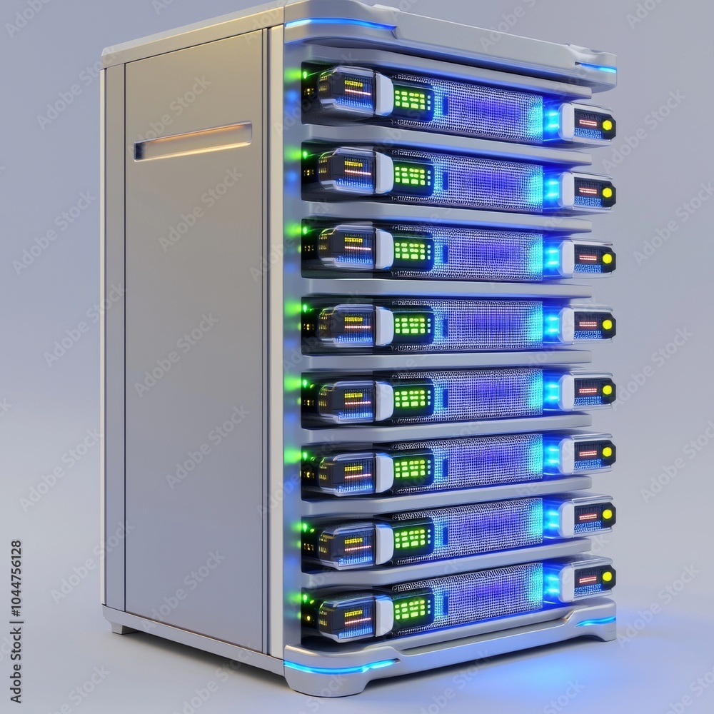 3D illustration of an advanced data storage and network technology server rack with glowing blue connections.