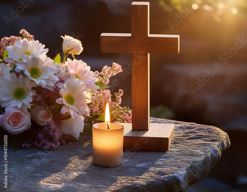 Una cruz de madera junto a una vela encendida y un ramo de flores sobre una losa de piedra