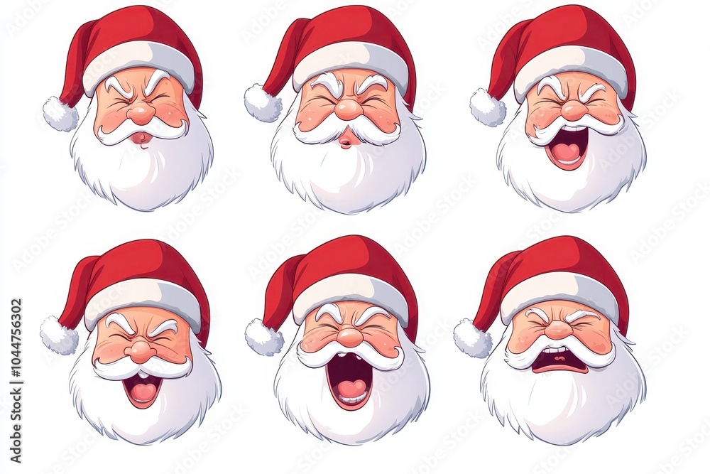 Various joyful and expressive Santa Claus faces in colorful holiday attire, conveying different emotions for Christmas celebration Various joyful and expressive Santa Claus faces in colorful holiday attire, conveying different emotions for Christmas celebration