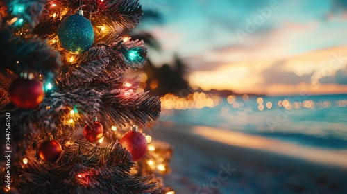 decorated Christmas tree on family celebration Christmas party day at beach when travel on holiday trip.