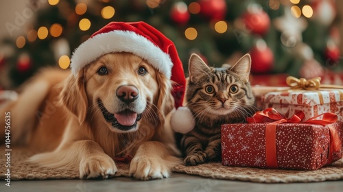Merry Christmas. happy golden retriever dog and cat wear Santa Claus hat at Christmas celebration party.
