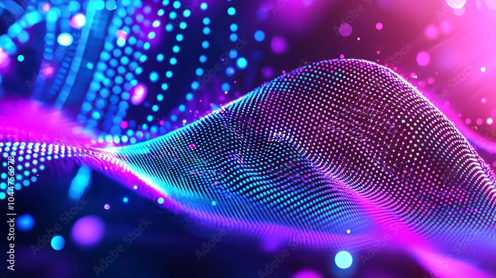 Intricate wave of colored dust, magical ripples. Virtual reality cyberspace, information flow, data transfer, creative soft bokeh, abstract background. 3D animation.
