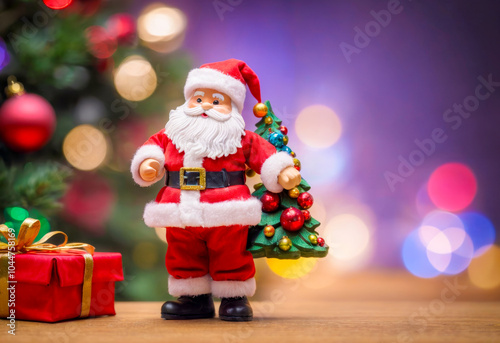 Santa Claus Holding a Christmas Tree with Gifts and Lights.