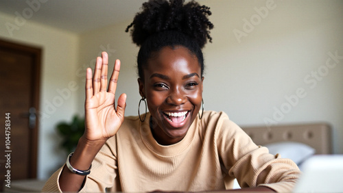 Happy black woman waving during video call at home