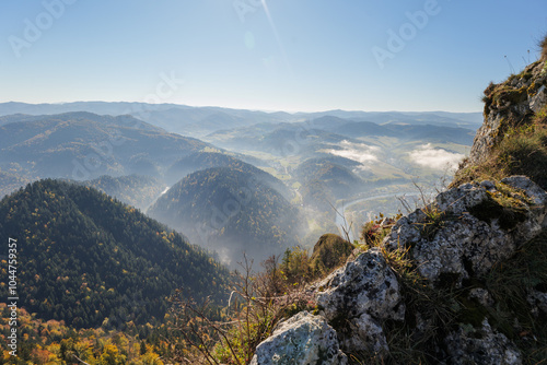 Mountain landscape in autumn. Beautiful Polish Pieniny Mountains. Dunajec Valley. Rocks in the Foreground. View from the top of Trzy Korony. Dunajec Gorge. Sromowce Nizne, Poland