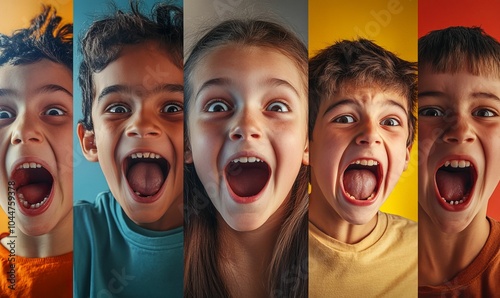 Five children shout with wide open mouths.