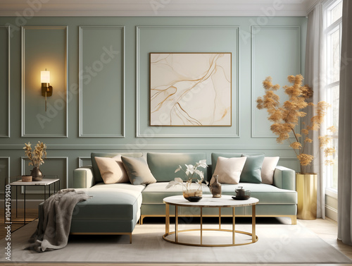 Living room interior in modern minimalist style with wooden panneling. Neutral and mint colors interior with wood wall panels, bronze metallic accent decor and large artwork. Wood panneling walls.  photo