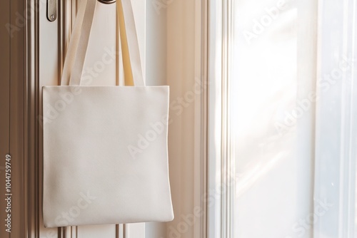 Blank tote bag hanging on door handle in soft light photo