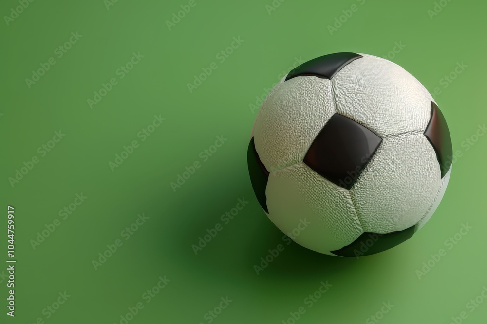 A close-up of a black and white soccer ball resting on a green background A close-up of a black and white soccer ball resting on a green background