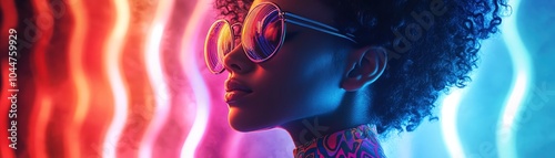 Retroinspired outfit with psychedelic patterns, round glasses, colorful aura backdrop, groovy and futuristic photo