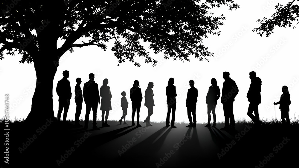A black and white silhouette image depicts a group of people standing under a large tree. The trees branches extend over the group, casting shadows on the ground. The people are diverse in age and sta A black and white silhouette image depicts a group of people standing under a large tree. The trees branches extend over the group, casting shadows on the ground. The people are diverse in age and sta