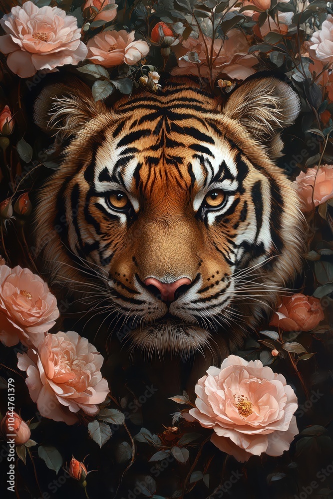 Tigers face emerges from soft pink roses, intense eyes contrasting with delicate petals Tigers face emerges from soft pink roses, intense eyes contrasting with delicate petals