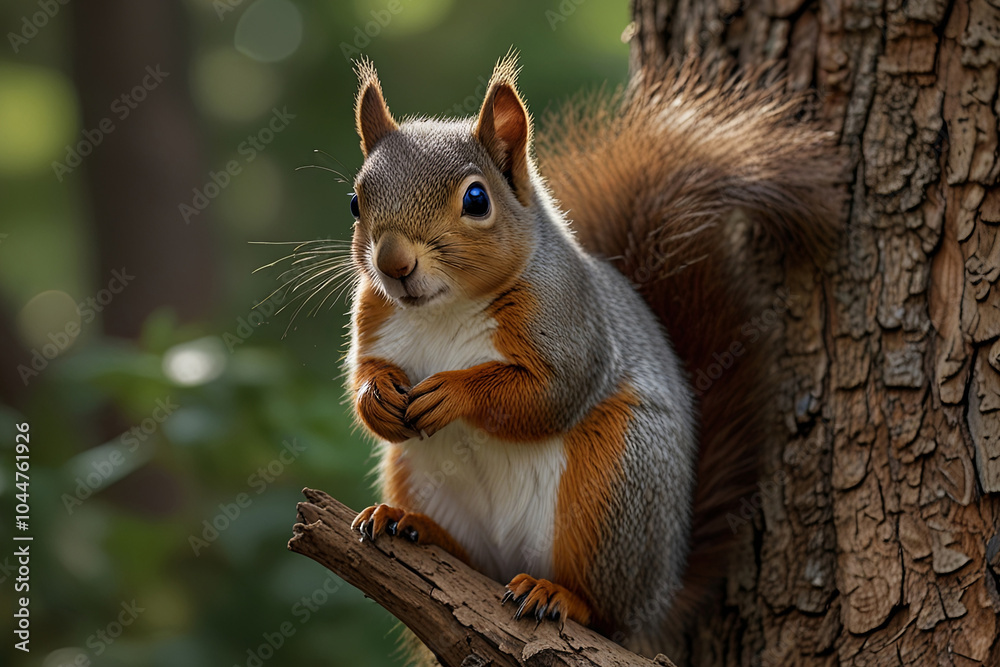Realistic Close-Up of a Squirrel Holding an Acorn on a Tree Branch in Autumn Forest Realistic Close-Up of a Squirrel Holding an Acorn on a Tree Branch in Autumn Forest