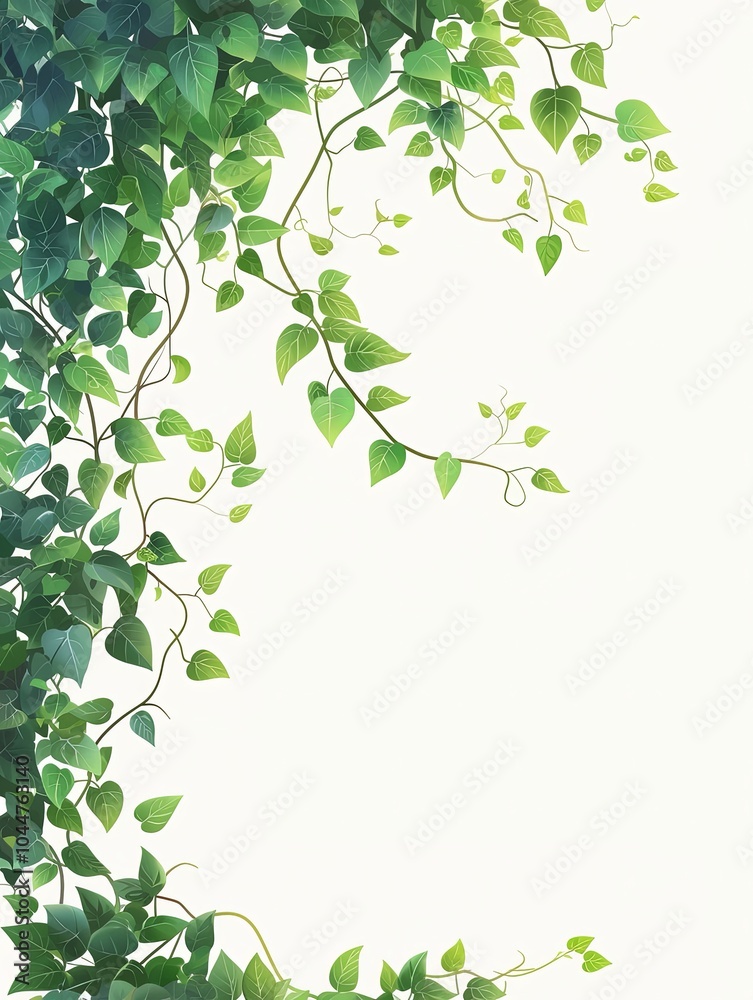 Green Vine with Lush Foliage on White Background Green Vine with Lush Foliage on White Background
