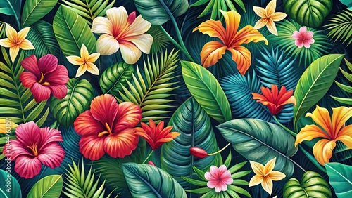 Tropical plants and flowers seamless pattern close-up