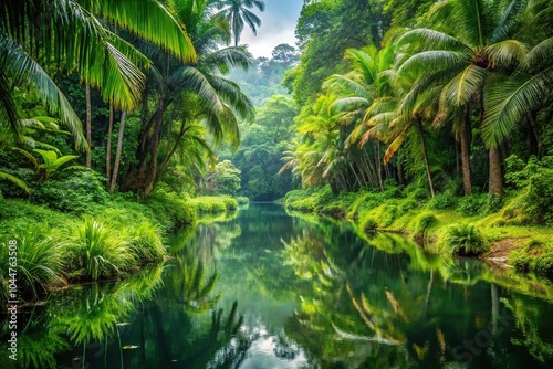 Tropical rain forest small river covered by green grass, symmetrical