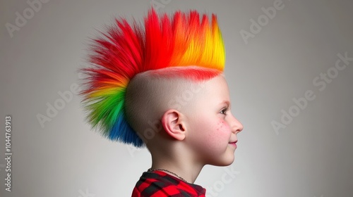 Young boy with rainbow colored hair and a spiky hairstyle. The boy is smiling and looking at the camera. kids with mohawk hairstyle, coloured, gelled, indian, photo