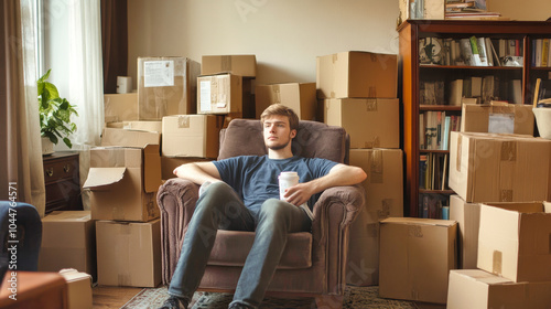 A young man enjoys his coffee in a cozy chair surrounded by cardboard boxes in his new home after a long day of moving in