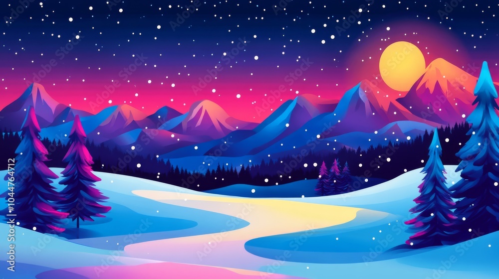 Naklejka premium Vibrant Winter Scene with Gentle Lighting and Snowy Hills