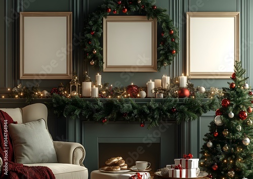 Cozy Christmas Fireplace Mantel Mockup:  A festive Christmas fireplace mantel scene with three blank frames, perfect for showcasing your designs or artwork. photo