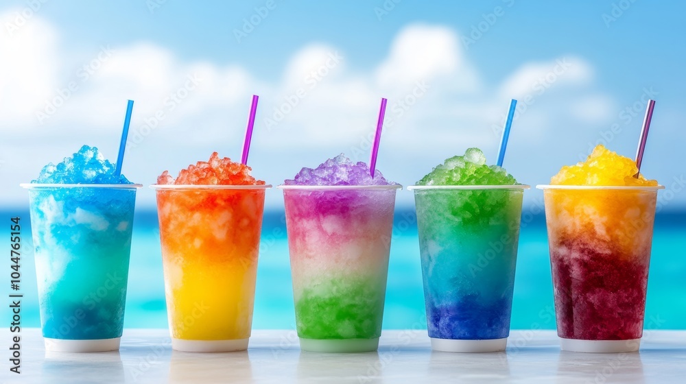 Row of colorful cups filled with ice and syrup, with a blue cup in the middle. cups are lined up on a table next to a beach. multiple cups of Colorful shaved ice in cup, set against ocean backgroun