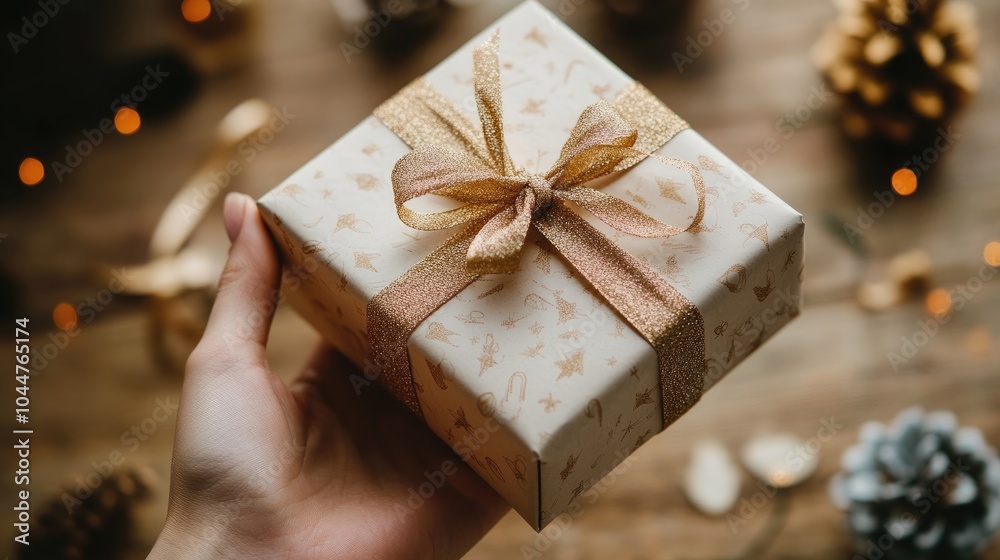 A hand presents an elegantly wrapped gift box prepared for a cherished recipient A hand presents an elegantly wrapped gift box prepared for a cherished recipient