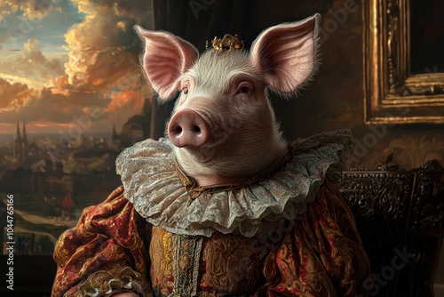 A pig in Renaissance clothing, imagined in a whimsical, surreal environment.