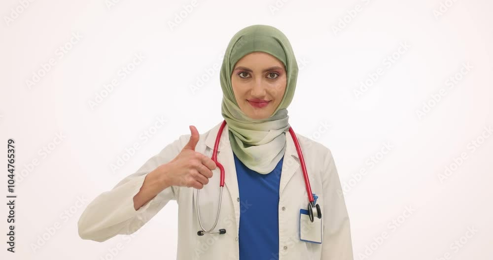 Muslim woman doctor raises thumbs up expressing positivity. Female physician wearing hijab in lab coat with stethoscope makes approval gesture Muslim woman doctor raises thumbs up expressing positivity. Female physician wearing hijab in lab coat with stethoscope makes approval gesture