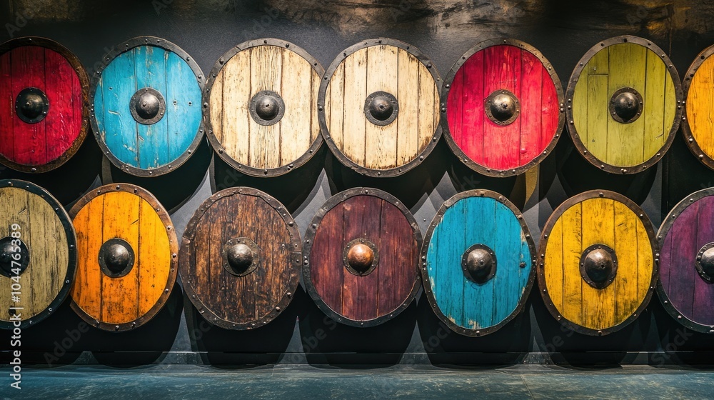 Fototapeta premium Rows of vibrant wooden Viking shields against a wide banner backdrop
