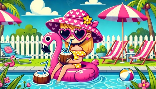 young girl in a swimming pool with pink flamingo inflatable float summer illustration