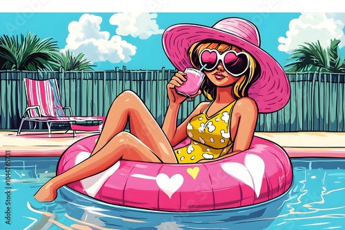 young girl in a swimming pool with pink flamingo inflatable float summer illustration