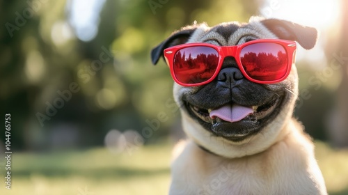 Adorable pug sporting red sunglasses on a warm summer day photo