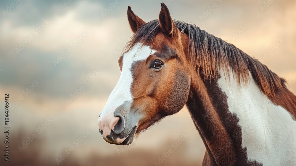 Obraz premium Portrait of a young Pinto horse featuring a mix of brown and white patches