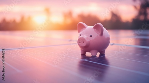 Individual positioning a piggy bank on solar panels at dusk representing a commitment to renewable energy investment