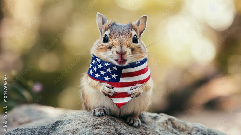 A small chipmunk is wearing an American flag bandana