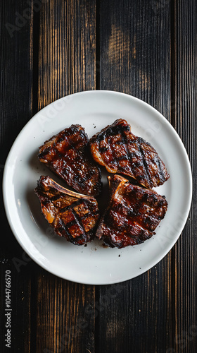 Barbecue beef steaks with bones served on a white plate on a wooden table