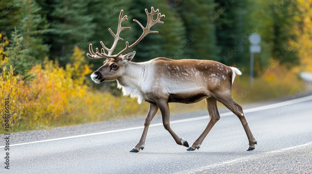 Fototapeta premium Adult male reindeer with large antlers walking along a roadway