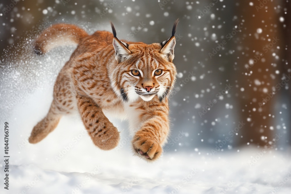 A Majestic Lynx Leaps Through the Snowy Wilderness, Capturing the Wild Essence of Nature in an Enchanting Winter Scene