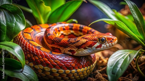 Captivating Low Light Photography of an Amery Corn Snake in Its Natural Habitat, Showcasing Intricate Patterns and Unique Colors, Perfect for Nature Lovers and Serpent Enthusiasts photo