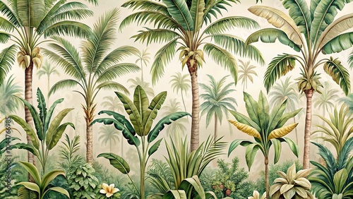 Fototapeta Naklejka Na Ścianę i Meble -  Tropical vintage botanical palm trees and banana tree border on white background, perfect for exotic jungle wallpaper