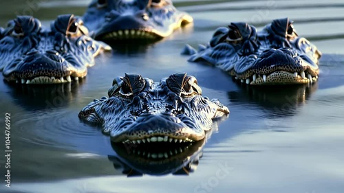Unique encounter with crocodiles in a serene lake during sunset