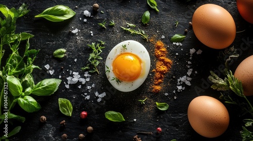 A captivating image of a cracked egg surrounded by spices and fresh herbs alongside whole eggs set against a dark backdrop ideal for culinary concepts photo