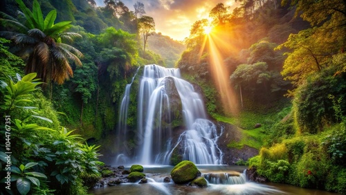 Fototapeta Naklejka Na Ścianę i Meble -  Tropical waterfall at sunrise in mountainous jungle macro