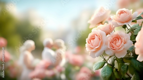 Soft pink roses in focus with an elderly couple sharing a romantic kiss in the background, surrounded by lush greenery in a garden..