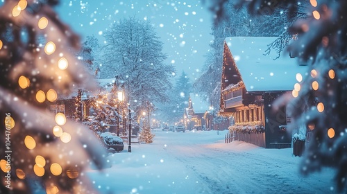 Charming Winter Village With Snow-Covered Cottages and Twinkling Lights Under a Blue Sky 