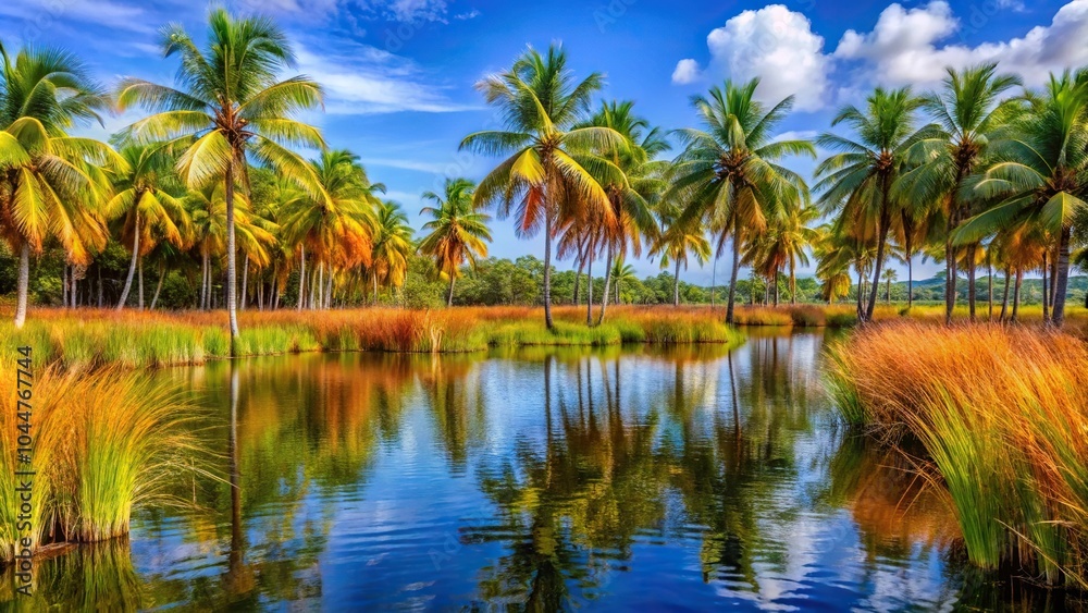 Obraz premium Tropical wetlands with colorful reeds and coconut trees in Icacos Trinidad in the Caribbean Macro